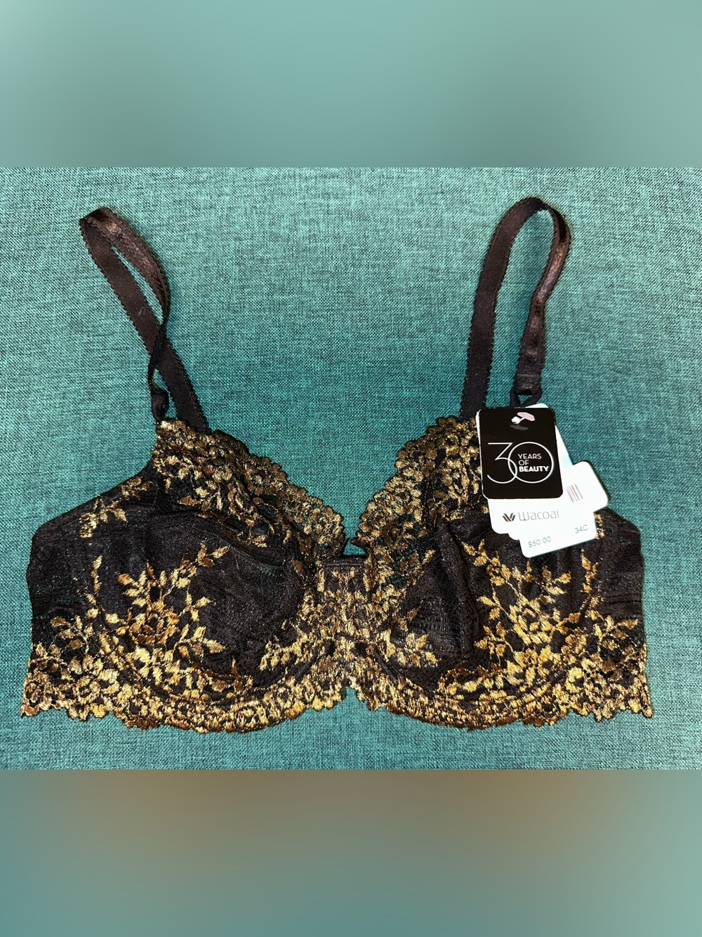 Wacoal 65191 Embrace Lace Black & Gold Lace Underwire Bra 34C NEW WITH TAGS